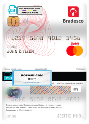 Brazil Bradesco bank mastercard debit card template in PSD format, fully editable