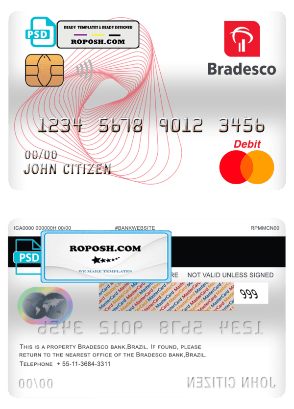 Brazil Bradesco bank mastercard debit card template in PSD format, fully editable