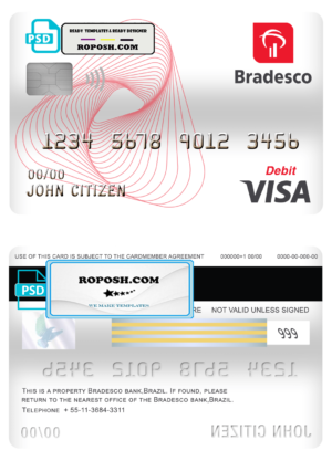 Brazil Bradesco bank visa card debit card template in PSD format, fully editable