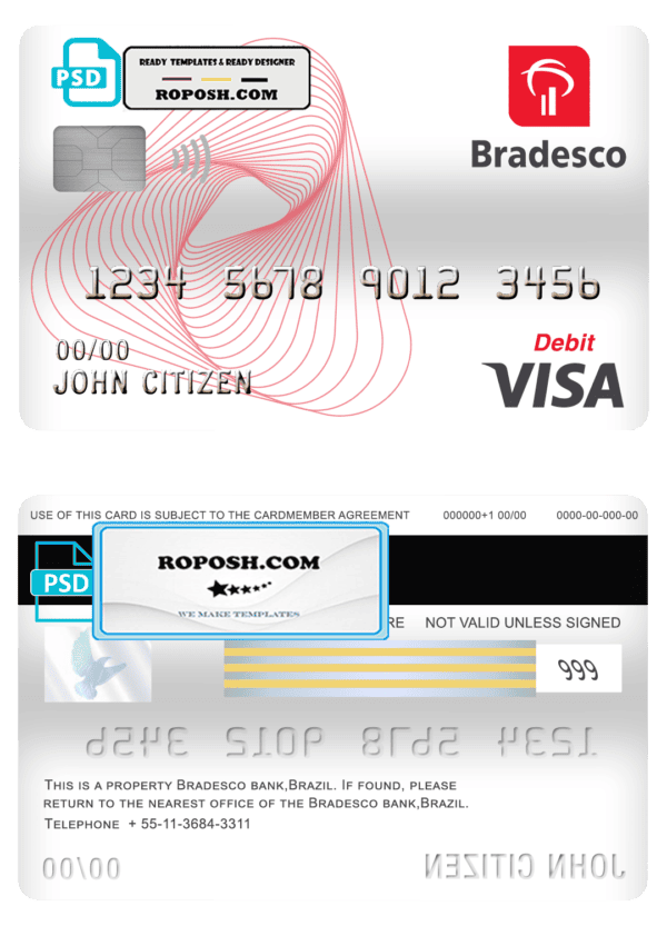 Brazil Bradesco bank visa card debit card template in PSD format, fully editable