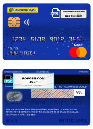 Brazil Banco do Brasil bank mastercard debit card template in PSD format, fully editable