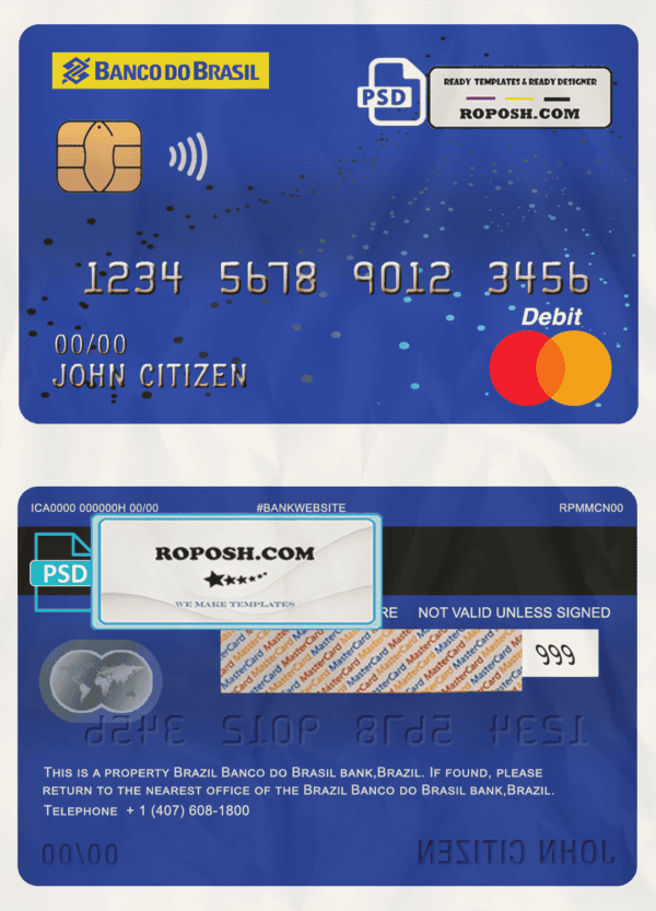 Brazil Banco do Brasil bank mastercard debit card template in PSD format, fully editable