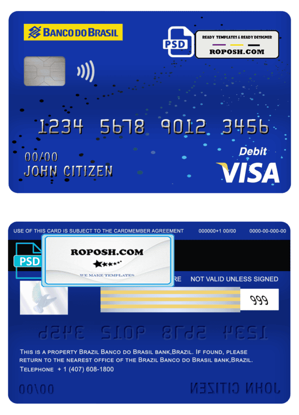 Brazil Banco do Brasil bank visa card debit card template in PSD format, fully editable