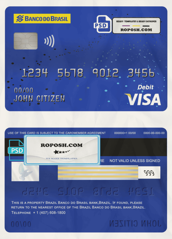 Brazil Banco do Brasil bank visa card debit card template in PSD format, fully editable