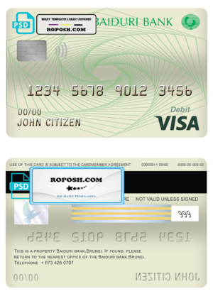 Brunei Baiduri Bank visa card debit card template in PSD format, fully editable