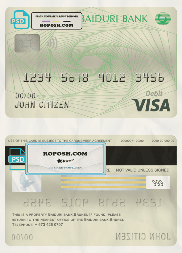 Brunei Baiduri Bank visa card debit card template in PSD format, fully editable