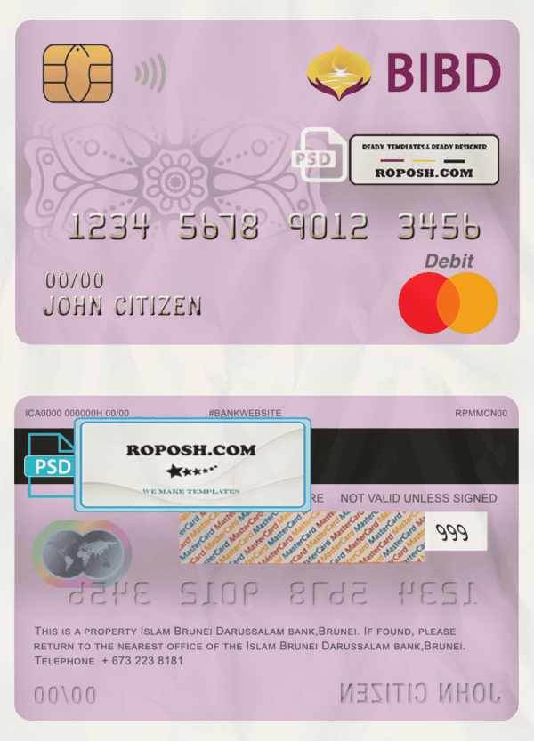 Brunei Bank Islam Brunei Darussalam bank mastercard debit card template in PSD format, fully editable