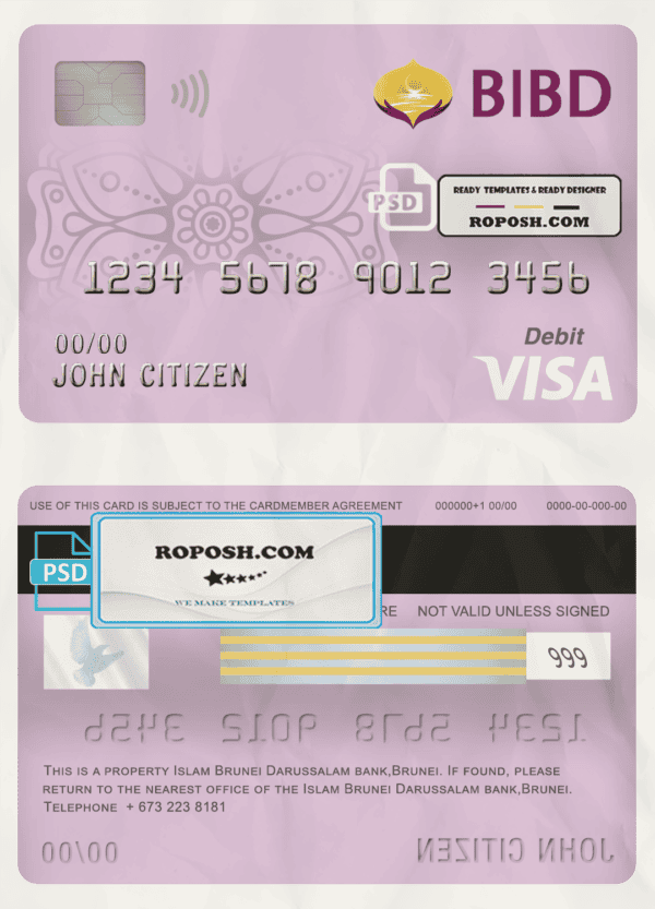Brunei Bank Islam Brunei Darussalam bank visa card debit card template in PSD format, fully editable