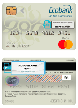Burkina Faso Ecobank bank mastercard debit card template in PSD format, fully editable