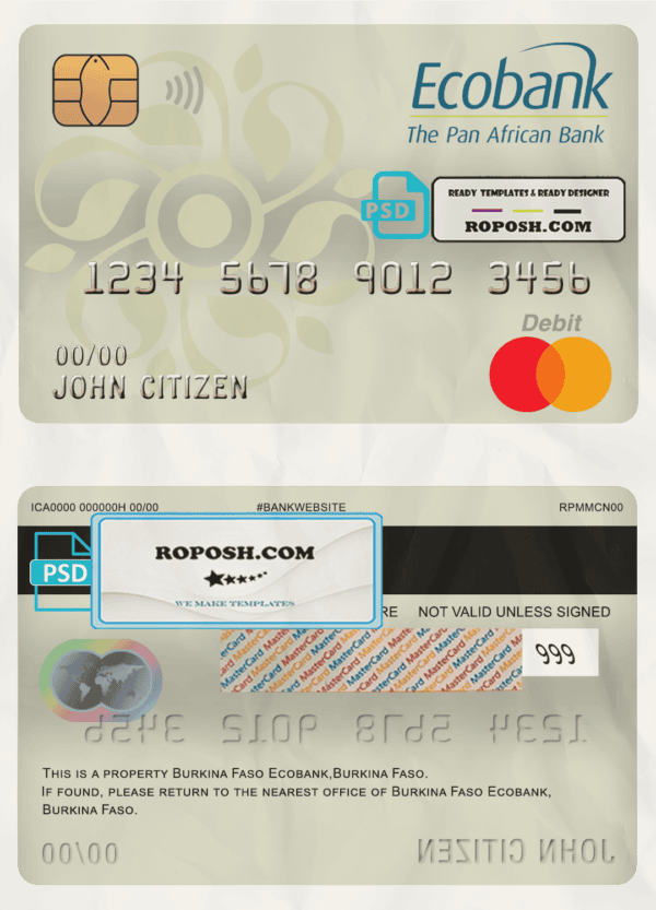 Burkina Faso Ecobank bank mastercard debit card template in PSD format, fully editable