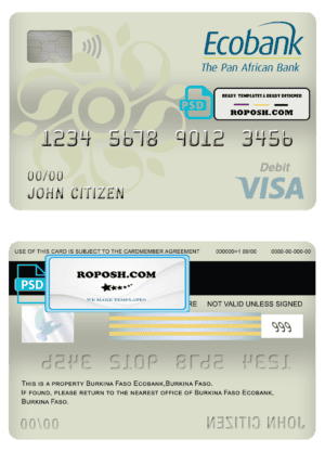 Burkina Faso Ecobank bank visa card debit card template in PSD format, fully editable