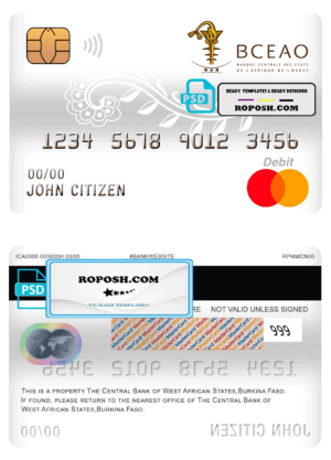 Burkina Faso The Central Bank of West African States bank mastercard debit card template in PSD format, fully editable