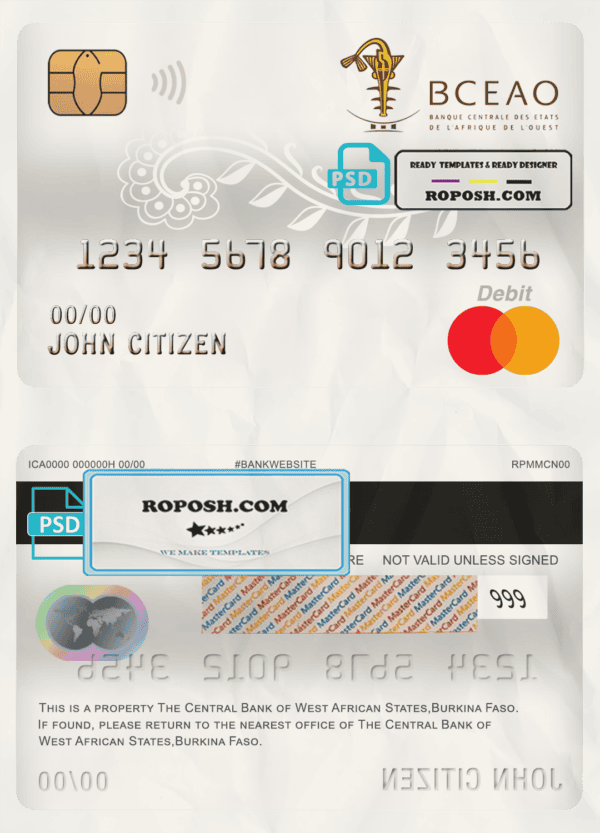Burkina Faso The Central Bank of West African States bank mastercard debit card template in PSD format, fully editable