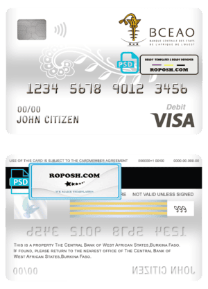 Burkina Faso The Central Bank of West African States bank visa card debit card template in PSD format, fully editable