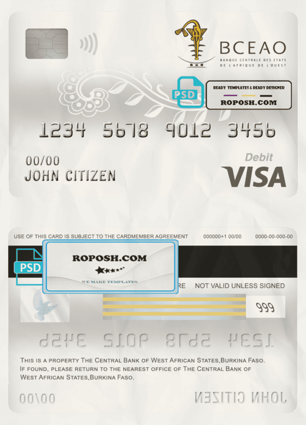 Burkina Faso The Central Bank of West African States bank visa card debit card template in PSD format, fully editable