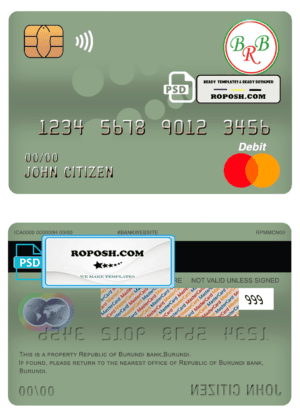 Burundi Bank of the Republic of Burundi mastercard debit card template in PSD format, fully editable