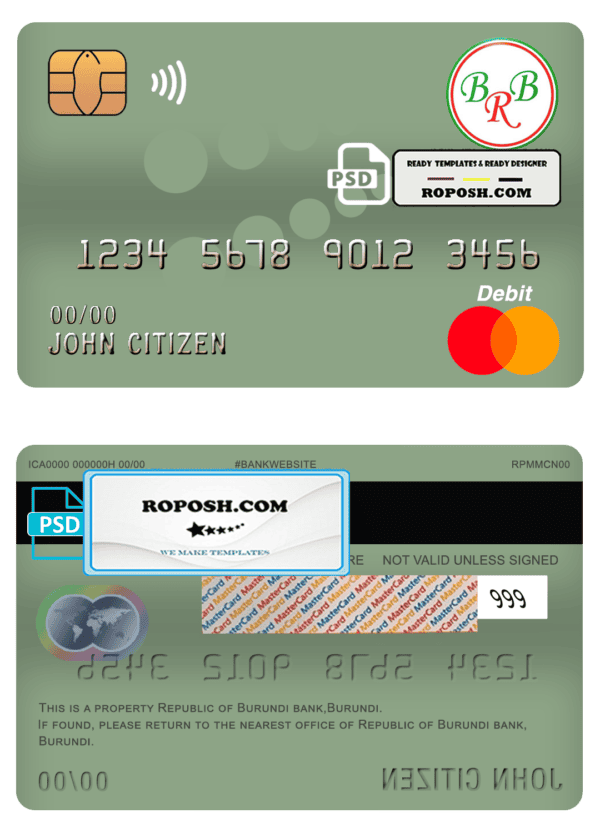 Burundi Bank of the Republic of Burundi mastercard debit card template in PSD format, fully editable