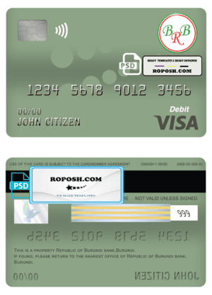 Burundi Bank of the Republic of Burundi visa card debit card template in PSD format, fully editable