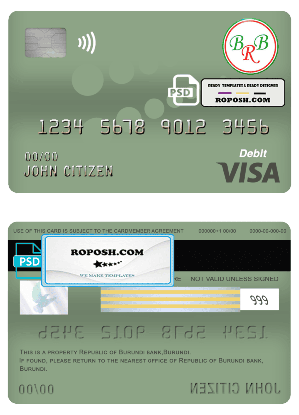 Burundi Bank of the Republic of Burundi visa card debit card template in PSD format, fully editable