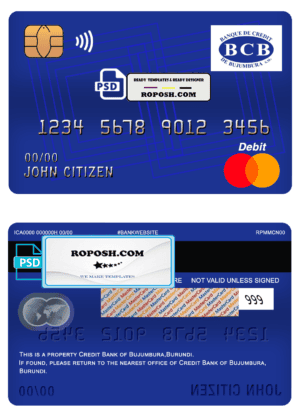 Burundi Credit Bank of Bujumbura bank mastercard debit card template in PSD format, fully editable