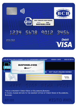 Burundi Credit Bank of Bujumbura bank visa card debit card template in PSD format, fully editable