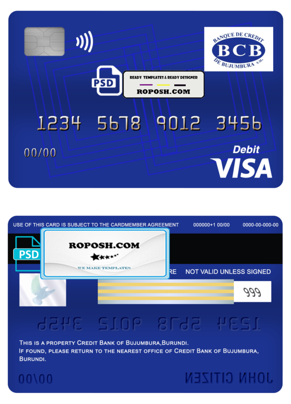 Burundi Credit Bank of Bujumbura bank visa card debit card template in PSD format, fully editable