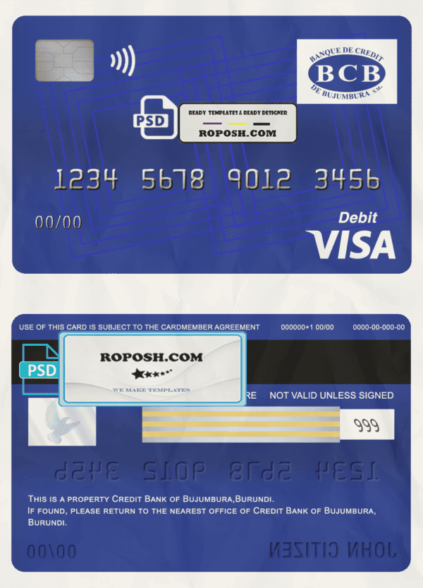 Burundi Credit Bank of Bujumbura bank visa card debit card template in PSD format, fully editable