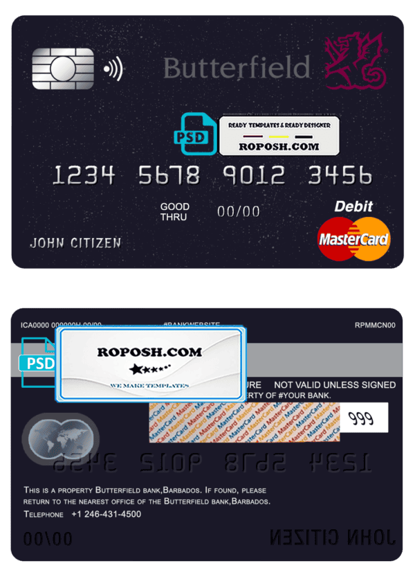 Barbados Butterfield bank mastercard debit card template in PSD format, fully editable