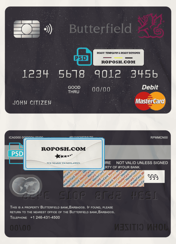 Barbados Butterfield bank mastercard debit card template in PSD format, fully editable