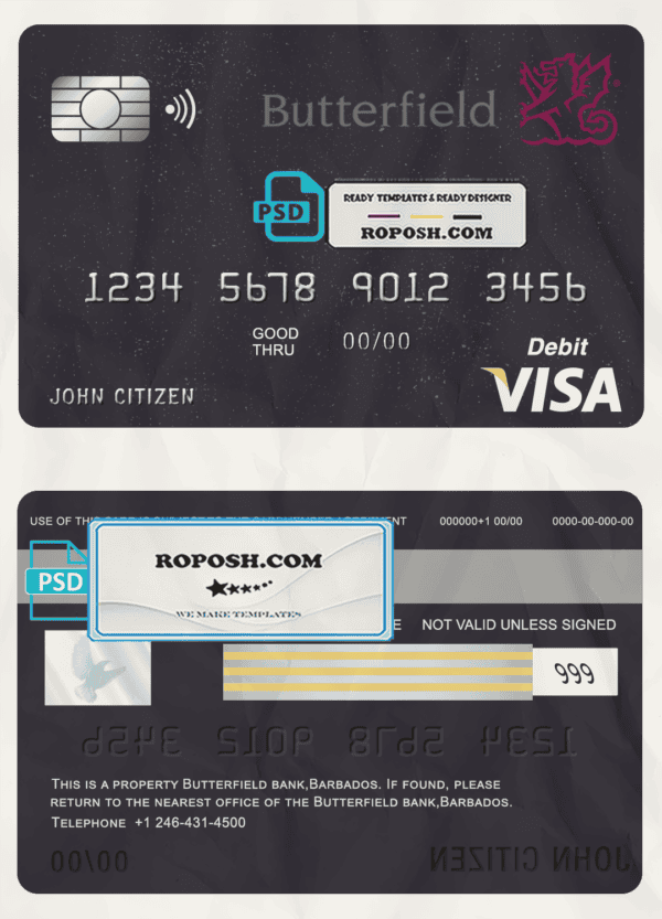 Barbados Butterfield bank visa card debit card template in PSD format, fully editable
