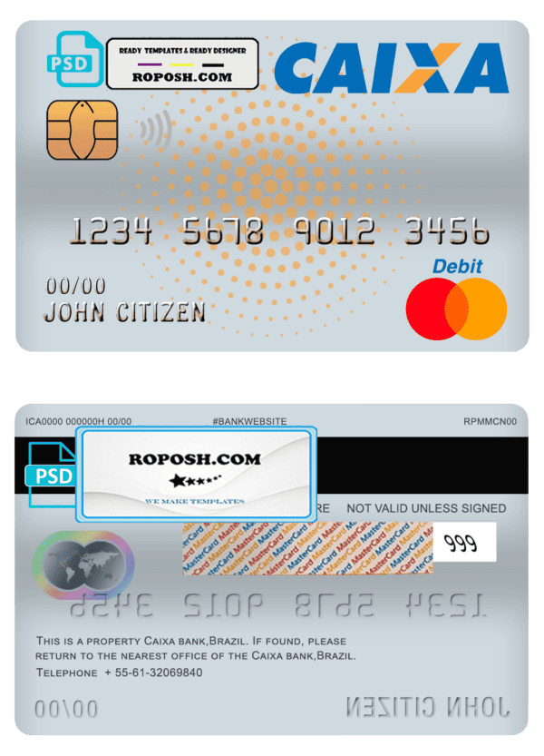 Brazil Caixa bank mastercard debit card template in PSD format, fully editable