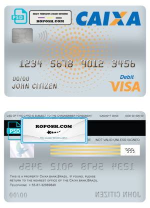 Brazil Caixa bank visa card debit card template in PSD format, fully editable