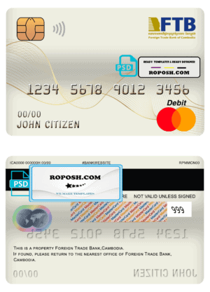 Cambodia Foreign Trade Bank of Cambodia bank mastercard debit card template in PSD format, fully editable