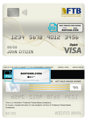 Cambodia Foreign Trade Bank of Cambodia bank visa card debit card template in PSD format, fully editable