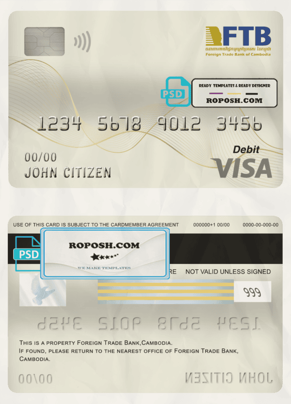Cambodia Foreign Trade Bank of Cambodia bank visa card debit card template in PSD format, fully editable
