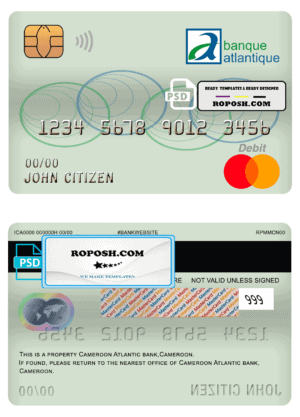 Cameroon Atlantic bank mastercard debit card template in PSD format, fully editable