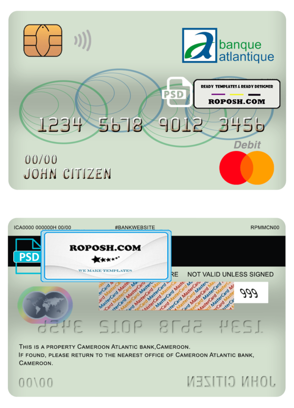 Cameroon Atlantic bank mastercard debit card template in PSD format, fully editable