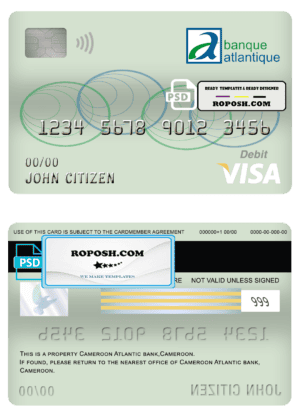 Cameroon Atlantic bank visa card debit card template in PSD format, fully editable