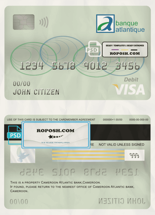 Cameroon Atlantic bank visa card debit card template in PSD format, fully editable