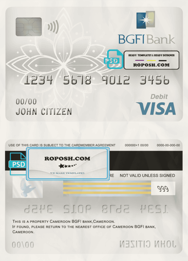 Cameroon BGFI bank visa card debit card template in PSD format, fully editable
