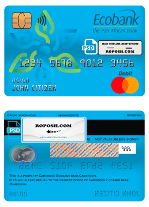 Cameroon Ecobank bank mastercard debit card template in PSD format, fully editable