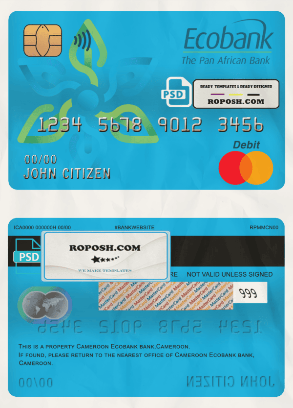 Cameroon Ecobank bank mastercard debit card template in PSD format, fully editable