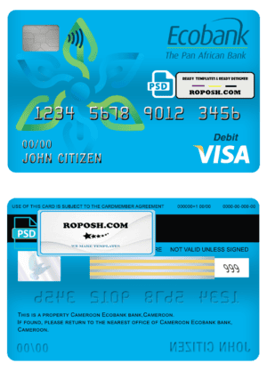 Cameroon Ecobank bank visa card debit card template in PSD format, fully editable