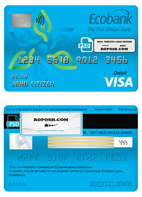 Cameroon Ecobank bank visa card debit card template in PSD format, fully editable
