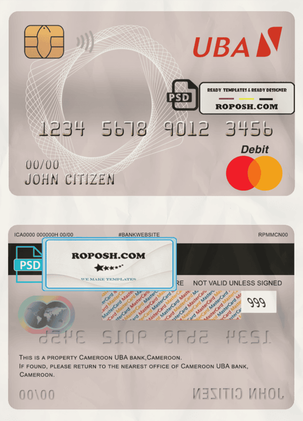 Cameroon UBA bank mastercard debit card template in PSD format, fully editable
