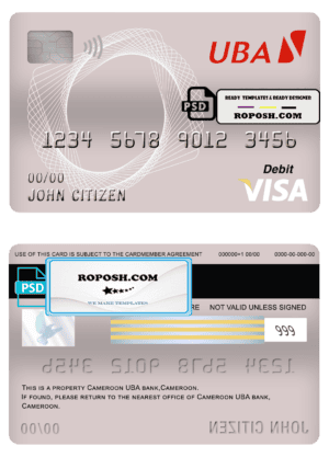 Cameroon UBA bank visa card debit card template in PSD format, fully editable
