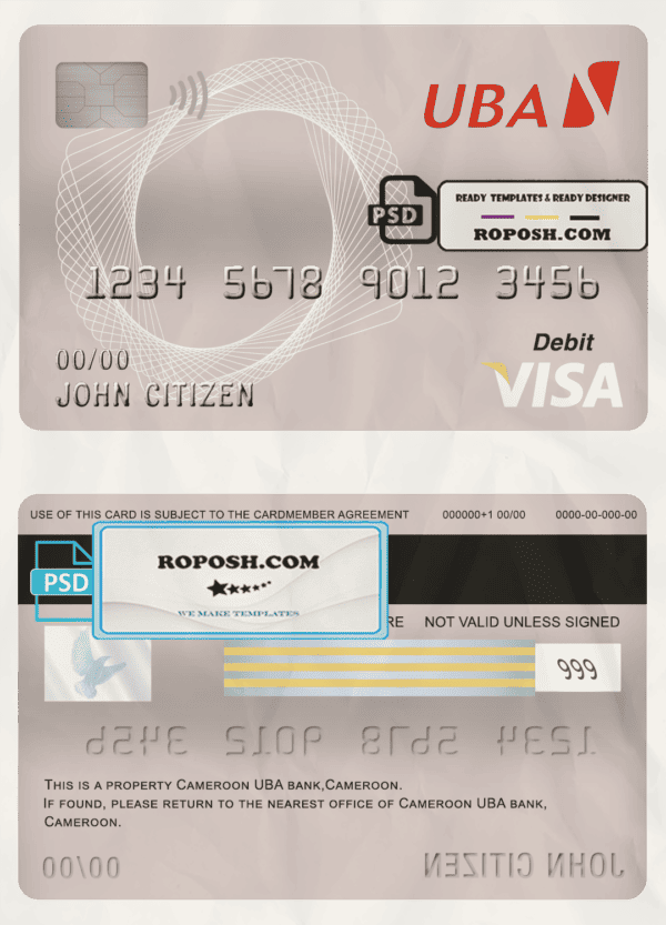 Cameroon UBA bank visa card debit card template in PSD format, fully editable