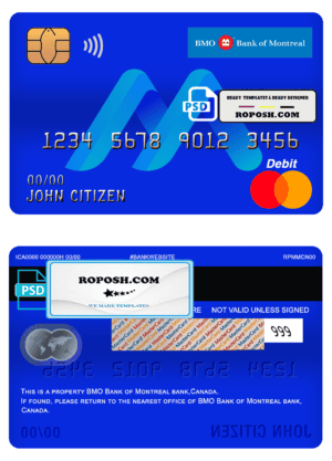 Canada BMO Bank of Montreal bank mastercard debit card template in PSD format, fully editable