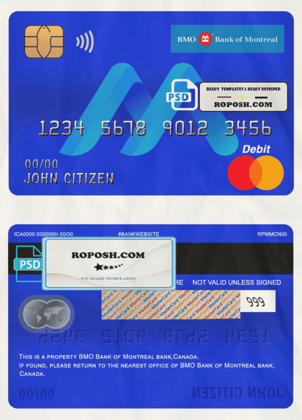 Canada BMO Bank of Montreal bank mastercard debit card template in PSD format, fully editable