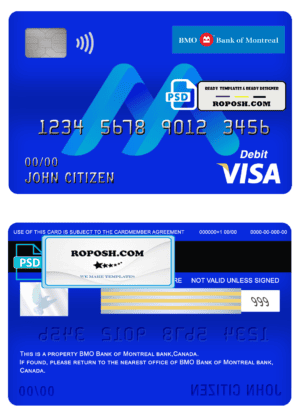 Canada BMO Bank of Montreal bank visa card debit card template in PSD format, fully editable